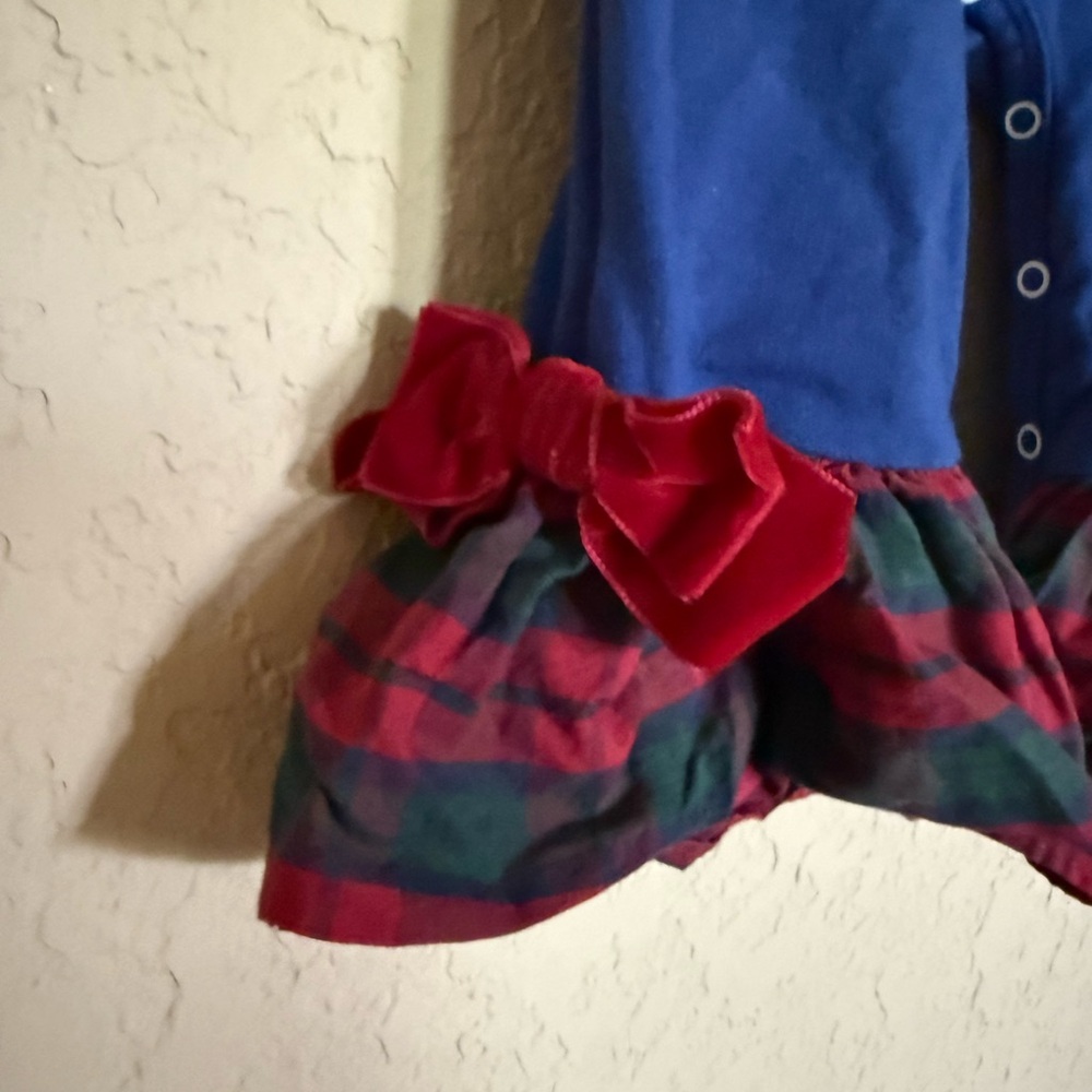 Ricrac & Ruffles Blue Christmas Holiday Baby Romper with Ruffle Trim - Picture 8 of 11